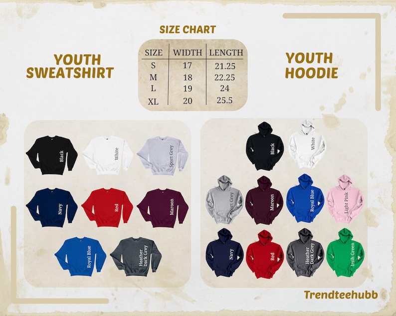 May include: A size chart for youth sweatshirts and hoodies, with measurements in inches. The image displays various colors of sweatshirts and hoodies, including black, white, navy, red, and gray. The brand name "Trendteehubb" is visible.
