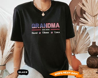 Custom American Flag Grandma Shirt, Gift For Grandma, Personalized Grandma Shirt with Grandkids Name, Mothers Day Gift, 4th Of July Mama Tee