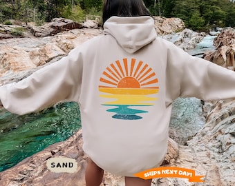 Retro Sunshine Hoodie, Retro Sunset Rays Wavy Back Sweatshirt, Sunset Sweatshirt, Sun Rays Sweater, Retro Summer Time, Beachy Vibes