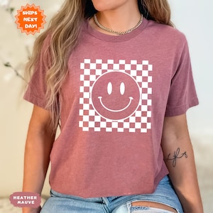 Smiley Face Shirt, Smiley Face Checkered Shirt, Happy Face Shirt, Boho Shirt Girls, Trendy Vintage Shirt, Retro Shirt Women, Gift for her