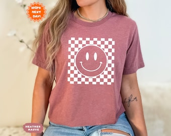 Smiley Face Shirt, Smiley Face Checkered Shirt, Happy Face Shirt, Boho Shirt Girls, Trendy Vintage Shirt, Retro Shirt Women, Gift for her