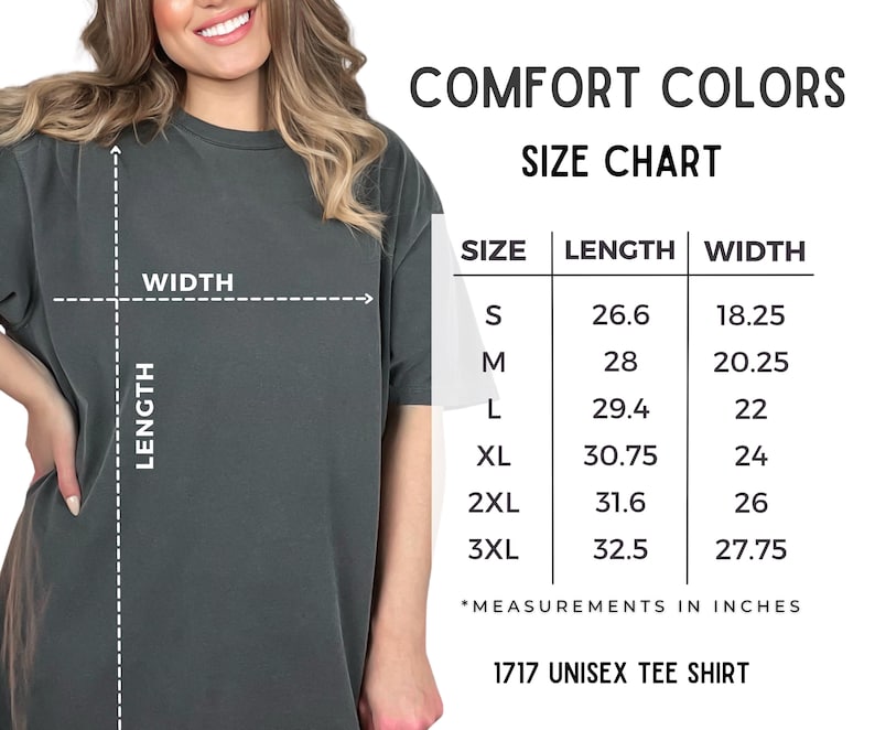May include: A dark gray unisex tee shirt with a size chart. The chart shows measurements in inches for sizes S to 3XL. The shirt is labeled as a 1717 unisex tee shirt.
