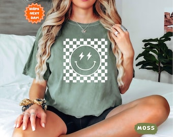 Comfort Colors® Retro Smiley Face Shirt, Checkered Pattern Smile Face Shirt, Smile Face Shirt, Happy Face Shirt, Cute Smile Tee, Smile Shirt