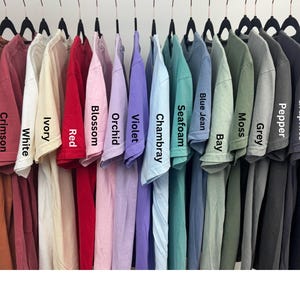May include: A collection of various colored t-shirts hanging on black hangers. Colors include Yam, Crimson, White, Ivory, Red, Blossom, Orchid, Violet, Chambray, Seafoam, Blue Jean, Bay, Moss, Grey, Pepper, Graphite, and Black.