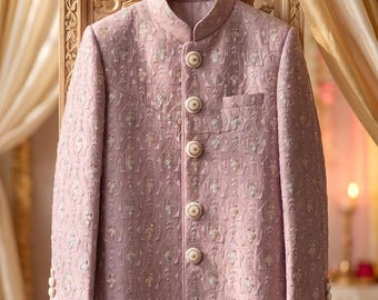 Boys Mauve Embroidered Sherwani Set with Trousers | Indian Wedding Outfit for Boys | Kids Ethnic Wear | Reception & Party