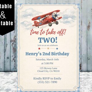 May include: A printable birthday invitation with a red biplane illustration. The invitation reads "time to take off! TWO!" and includes details for Henry's 2nd birthday, including date, time, and location. The design has a vintage aesthetic.