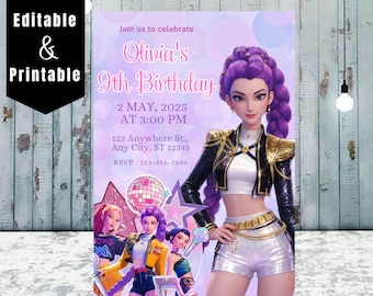 May include: A digital invitation for Olivia's 9th birthday, featuring a stylized illustration of a girl with purple hair and a futuristic outfit. The invitation includes the date, time, and location, with the text "Editable & Printable" in the upper left corner.