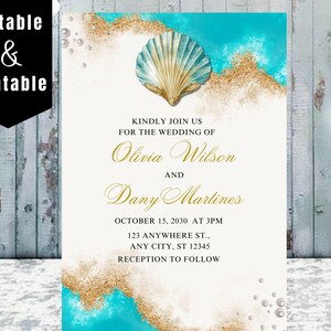 May include: A wedding invitation with a seashell design. The invitation features the names Olivia Wilson and Dany Martines, with the date October 15, 2030, and the time 3 PM. The words "Editable & Printable" are at the top.