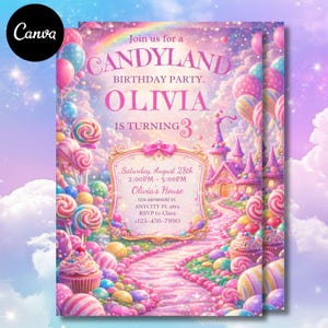 May include: A vibrant Candyland birthday party invitation in pink and purple hues. The design includes a rainbow, lollipops, cupcakes, and a castle. The invitation reads "Join us for a Candyland Birthday Party. Olivia is turning 3."
