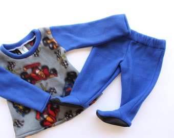 OOAK 6/9M Infant Footed Pajama Pants with Feet PJs with Feet READY to SHIP Sleepwear Fleece Footie Pants Set Race Car Baby Shower