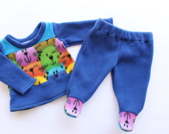 Baby Footed Pajama Set, 3M Winter Sleepwear, Fleece Footie Pants Set, Infant, Shower Gift, Cat Lover, Christmas Gift, Kitten