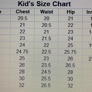 May include: A size chart for kids' clothing, showing measurements in inches for chest, waist, hip, and inseam for sizes 2T through 14.