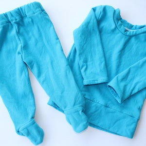 Footed Pajama Pants Winter Pajamas with Feet CUSTOM Two 2 Piece Set Shirt Boys Girls Kid's Pajamas Eco Dye Solid Color Bamboo Stretch Fleece image 3