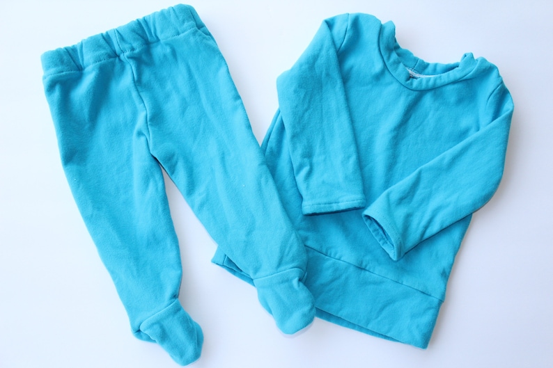 Footed Pajama Pants Winter Pajamas with Feet CUSTOM Two 2 Piece Set Shirt Boys Girls Kid's Pajamas Eco Dye Solid Color Bamboo Stretch Fleece image 3