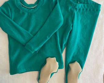 Kids Pajamas, Seafoam Bamboo Fleece Footie Pajama Set, Custom Two-Piece Winter PJs with Footed Pants, Shirt, Toddlers, Non Slip Soles