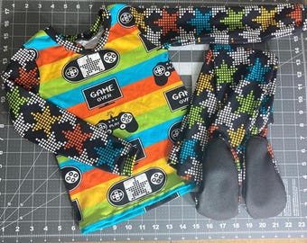 4T Footed Pajamas, Kids Fall Pajamas, Pajama Set Kids, Boys Pajamas, Cotton Knit Pants, Long Sleeve Two Piece Set, Video Game Lover