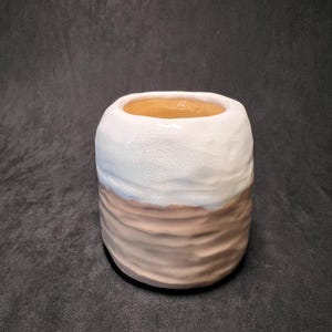 May include: A white and brown ceramic planter with a textured surface. The planter has a wide opening and a rounded bottom.