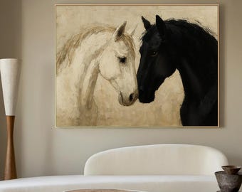 Abstract Black and White Horse Art, Textured Minimalist Canvas Painting for Living Room, Elegant Animal Wall Art for Modern Decor