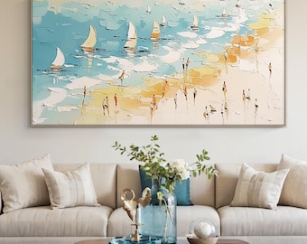 Glückliche Küste Malerei Schwimmen Malerei Benutzerdefinierte Malerei Textur Wandkunst personalisierte Geschenk Sommer Kunst Costal Kunst Menschenmassen am Ufer Malerei