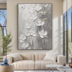 Abstract White Flower Oil Painting on Canvas, Original Floral Minimalist Art, Large Wall Art, Custom Painting, Boho Wall Decor Living Room