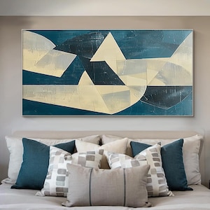 Blue Beige Abstract Wall Art Large Minimalist Boho Geometric Canvas Painting Frame Original Modern Neutral Oil Painting Home Room Wall Decor