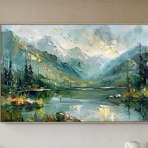 Abstract Landscape Wall Art Green Oil  Painting Canvas Serene Minimalist Hand-Print Luxurious Modern Farmhouse Tranquil Nature Home Decor