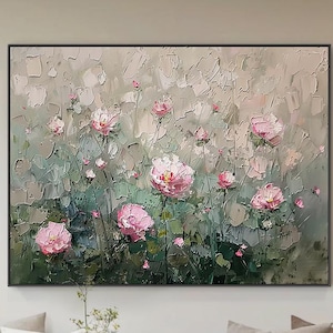 Horizontal Wildflower Textured Wall Art Large Long Wide Vintage Floral Painting On Canvas Panoramic Rustic Field Flowers Art Living Room Art