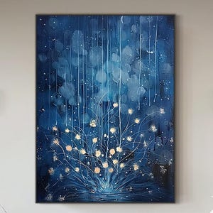 Abstract Rainy Night Wall Art Landscape Oil Painting on Canvas, Large Blue Art, Original Minimalist Art, Custom Painting, Living Room Decor
