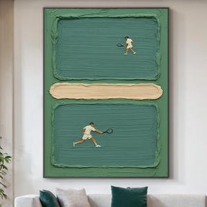 May include: A large rectangular wall art piece featuring two green textured panels separated by a horizontal beige band. The top panel shows a small figure playing tennis, and the bottom panel shows a larger figure in white clothing playing tennis.