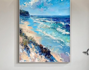 Original Blue Beach Ölgemälde, strukturierte Meerlandschaft Leinwandkunst, minimalistische Küstenwandkunst für Wohnzimmerdekor