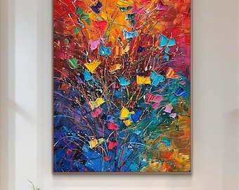 Peinture abstraite colorée de fleurs, oeuvre d'art murale florale texturée 3D, oeuvre d'art botanique colorée sur toile pour la décoration intérieure