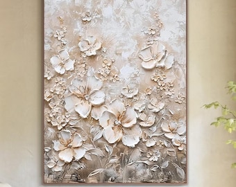 3D Textured Flower Oil Painting, Beige Floral Wall Art, Large Minimalist Canvas Art for Home Decor