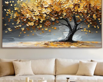 Grande peinture à l'huile représentant l'Arbre de Vie doré, paysage texturé en 3D, toile décorative inspirée de la nature.