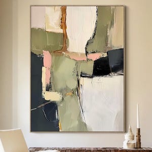 Beige grüne abstrakte geometrische Malerei, minimalistische salbeigrüne Wandkunst, große strukturierte Leinwandkunst für Innendekoration