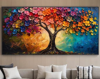 Handmade Colorful Tree of Life Oil Painting, Large Textured Tree Wall Art, Horizontal Canvas Painting for Home Decor