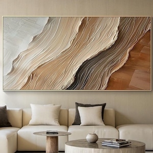 Cuadro abstracto de olas con textura 3D, arte mural costero neutro, lienzo en tonos tierra para la decoración de la sala de estar.