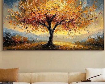 Gold Tree of Life Oil Painting, 3D Textured Landscape Wall Art, Nature Canvas Art for Home Decor
