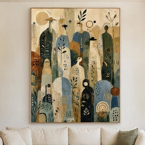 May include: A large rectangular wall art piece featuring an abstract painting of multiple stylized figures in shades of blue, beige, brown, and black. The composition includes geometric patterns, circular motifs, and plant-like silhouettes.