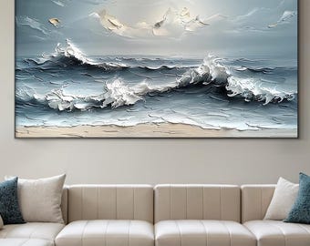 Olieverfschilderij blauwe oceaangolven, getextureerde canvaskunst zeegezicht, minimalistische kustmuurkunst voor interieurdecoratie