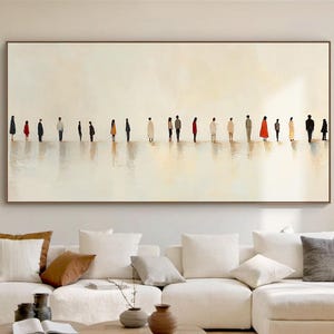May include: A large rectangular wall art piece featuring a horizontal line of small, stylized figures in various colors against a pale, cream-colored background. The figures are spaced out, creating a sense of distance and reflection on the surface.