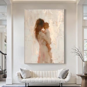 May include: A painting of a mother and child in a soft, muted color palette. The woman is holding the child close, and their bodies are almost touching. The background is a light, abstract design.