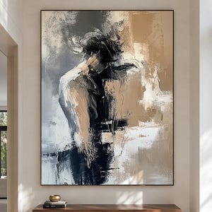 May include: A large rectangular wall painting featuring an abstract figure in shades of black, white, and beige. The artwork displays heavy, textured brushstrokes and layered paint, creating a dynamic composition of light and shadow.