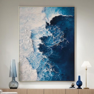 Blue Ocean Wave Painting on Canvas Impasto Textured Painting Designer Serene Canvas Art Choice Minimalist Living Room Art Contemporary Art