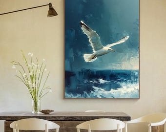 Seagull Oil Painting Blue Textured Wall Art Hand Painted Moody Contemporary Canvas Above Bed Decor