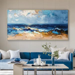 Blue Ocean Wave Painting on Canvas Impasto Textured Painting Designer Serene Canvas Art Choice Minimalist Living Room Art Contemporary Art