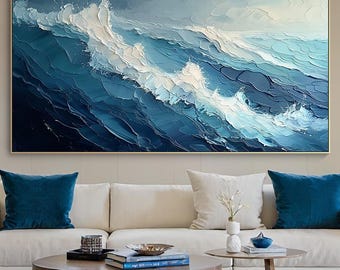 Olieverfschilderij blauwe oceaangolven, getextureerde canvaskunst zeegezicht, minimalistische kustmuurkunst voor woonkamerdecor