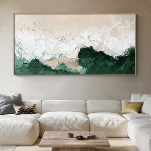 Sage Green Beige Minimalist Beach Painting Large 3D Textured Wall Art Ocean Wave Painting on Canvas Wabi-Sabi Wall Art Living Room Wall Art