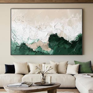 Peinture minimaliste de plage vert sauge, grande toile d'art murale texturée 3D, vague océanique sur toile, oeuvre d'art murale wabi-sabi, oeuvre d'art murale pour le salon