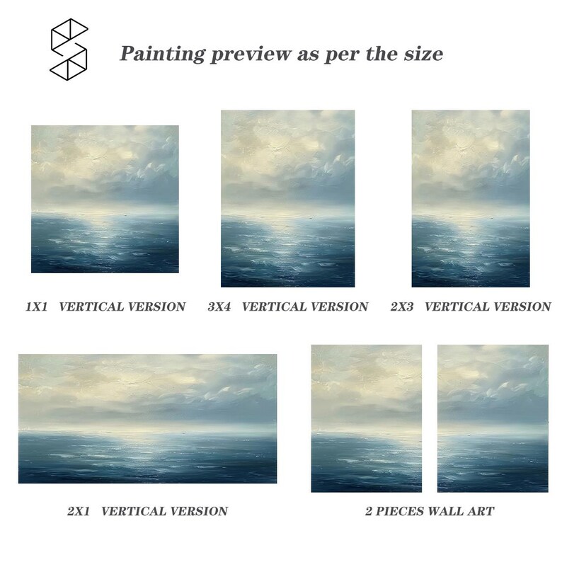 May include: An image showcasing various vertical and horizontal versions of a seascape painting. The artwork depicts a serene ocean scene with a cloudy sky, rendered in shades of blue, white, and beige. The text "Painting preview as per the size" is displayed above the paintings.
