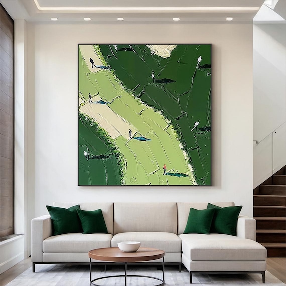 Green Golf Course Abstract Painting, Sports Landscape Canvas Art, Modern Golf Wall Art for Home Decor, Housewarming Gift for Men